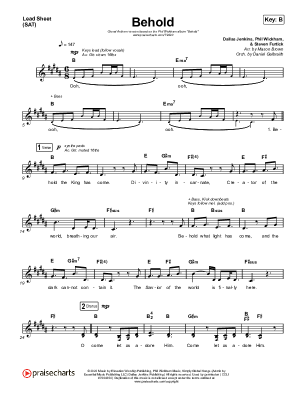 Behold (Choral Anthem SATB) Lead Sheet (SAT) (Phil Wickham / Anne Wilson / Arr. Mason Brown)
