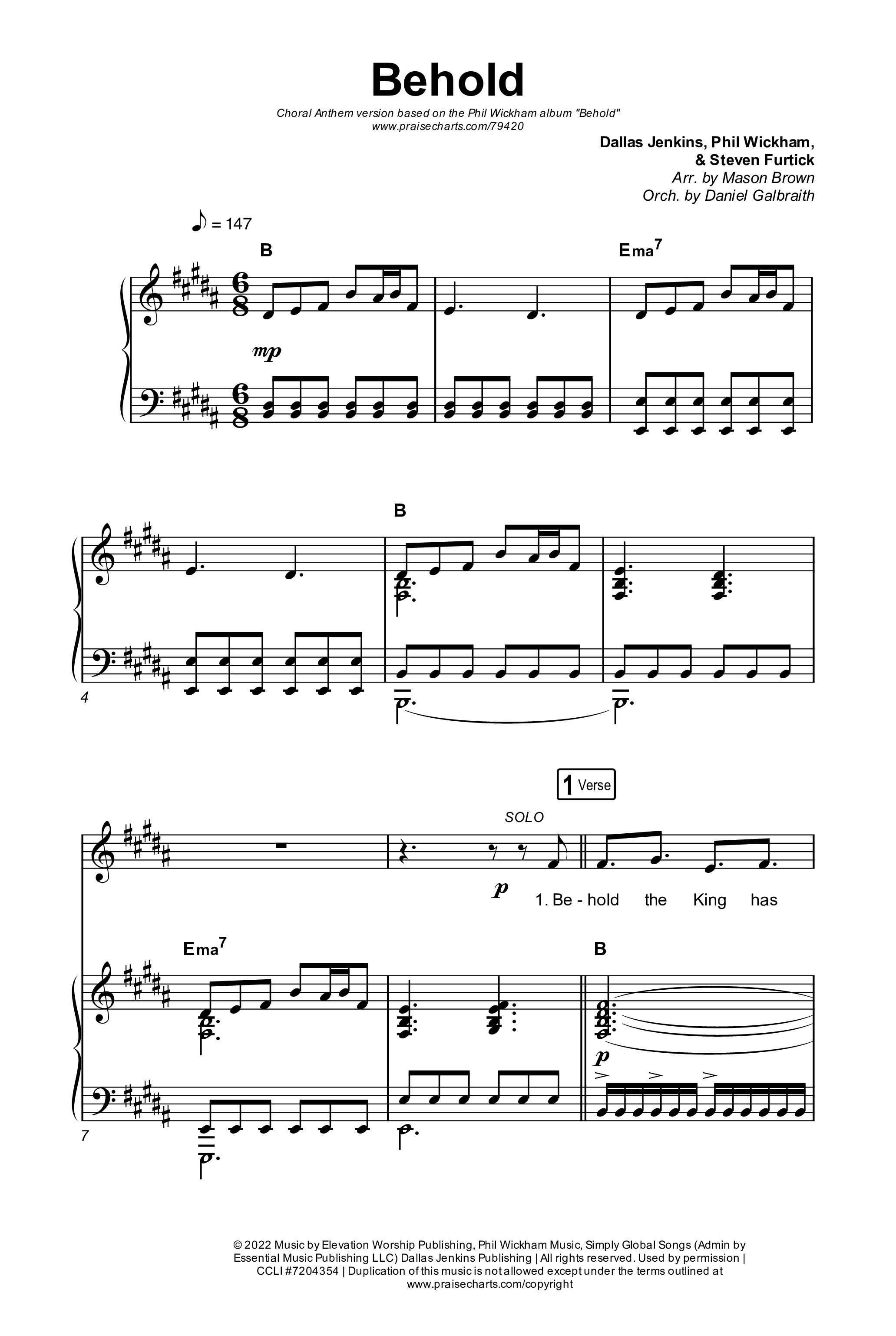 Behold (Choral Anthem SATB) Octavo (SATB & Pno) (Phil Wickham / Anne Wilson / Arr. Mason Brown)