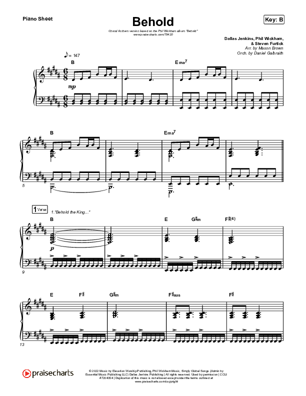 Behold (Choral Anthem SATB) Piano Sheet (Phil Wickham / Anne Wilson / Arr. Mason Brown)