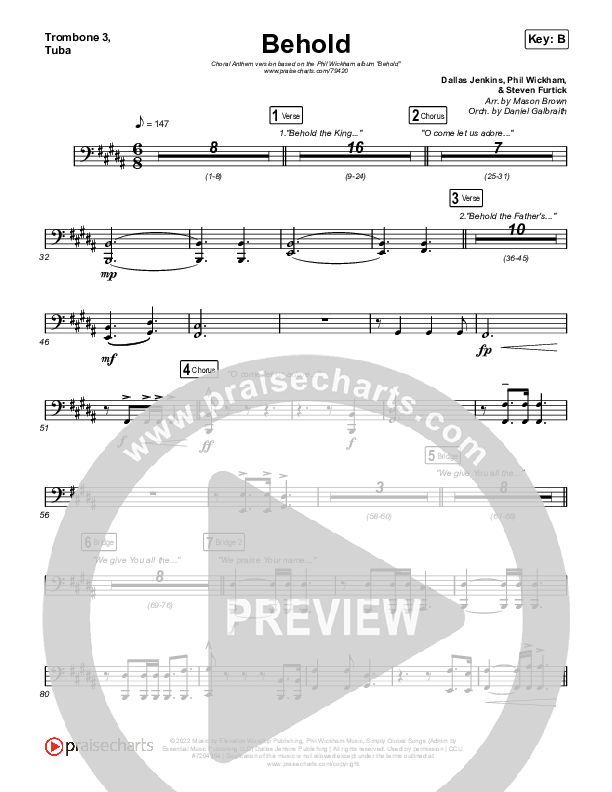 Behold (Choral Anthem SATB) Trombone 3/Tuba (Phil Wickham / Anne Wilson / Arr. Mason Brown)