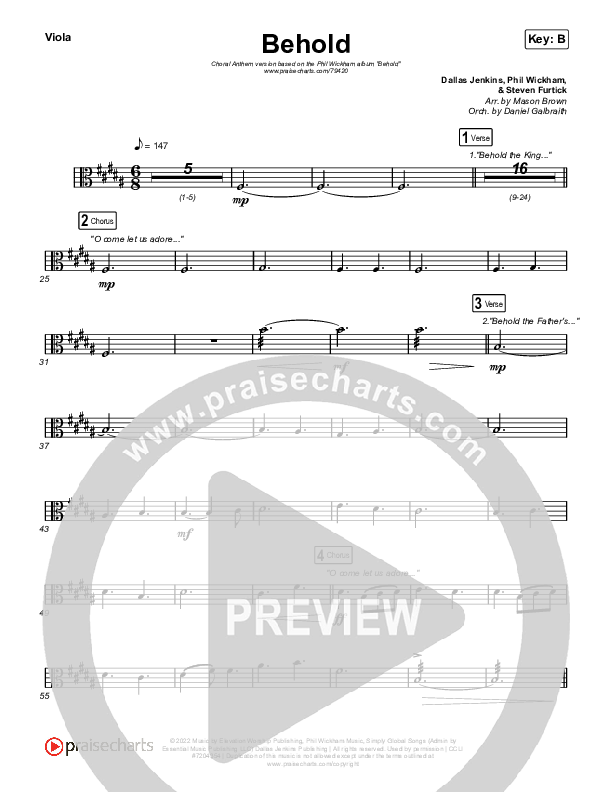 Behold (Choral Anthem SATB) String Pack (Phil Wickham / Anne Wilson / Arr. Mason Brown)