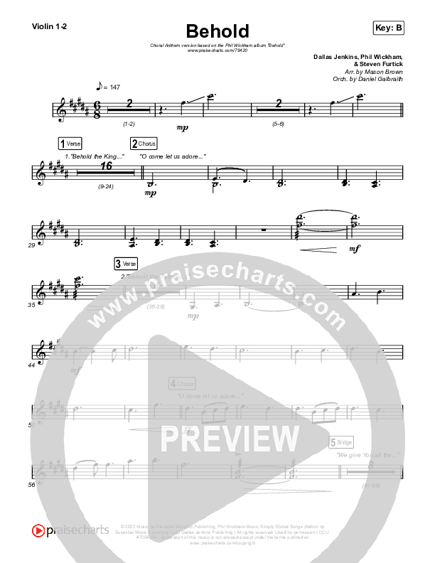 Behold (Choral Anthem SATB) Violin 1,2 (Phil Wickham / Anne Wilson / Arr. Mason Brown)