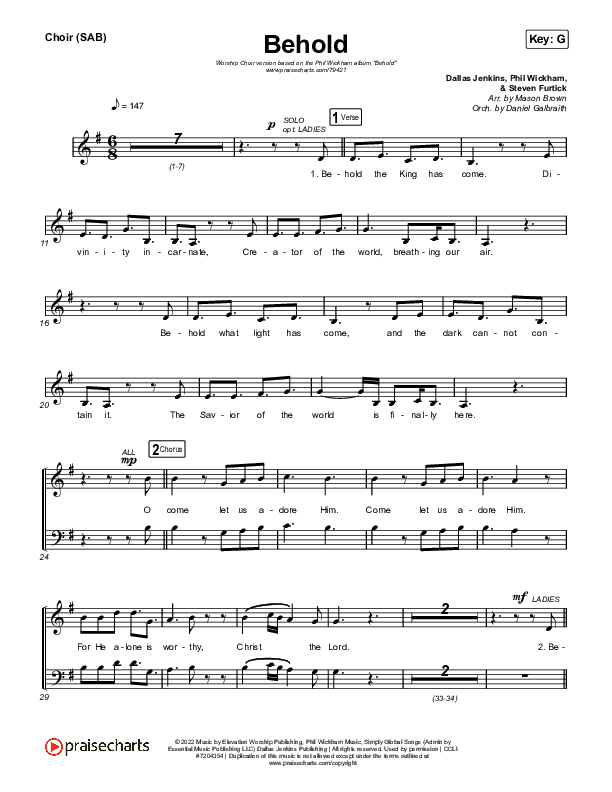 Behold (Worship Choir SAB) Choir Sheet (SAB) (Phil Wickham / Anne Wilson)