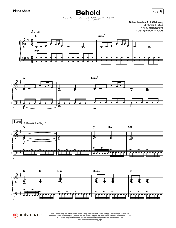 Behold (Worship Choir SAB) Piano Sheet (Phil Wickham / Anne Wilson / Arr. Mason Brown)