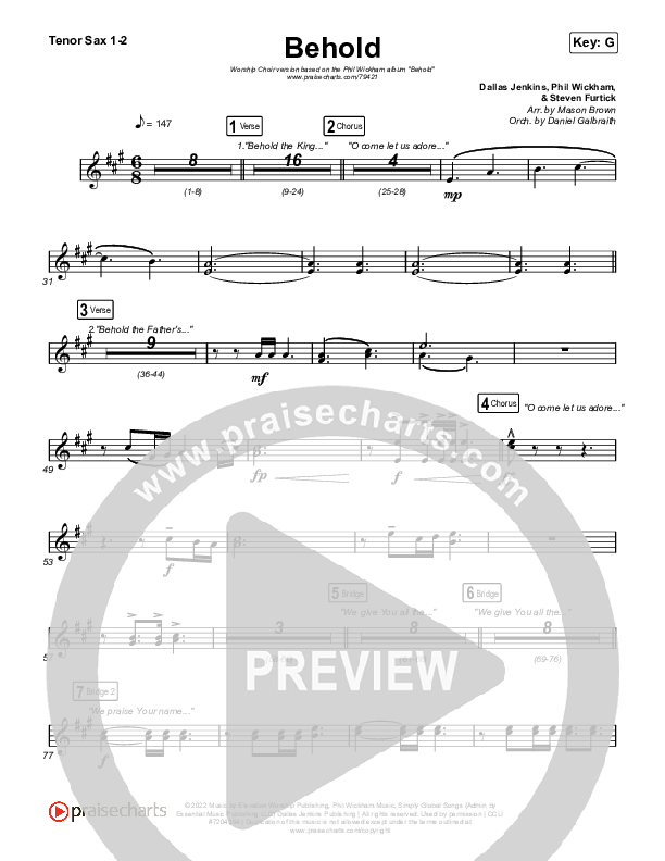 Behold (Worship Choir SAB) Tenor Sax 1/2 (Phil Wickham / Anne Wilson / Arr. Mason Brown)