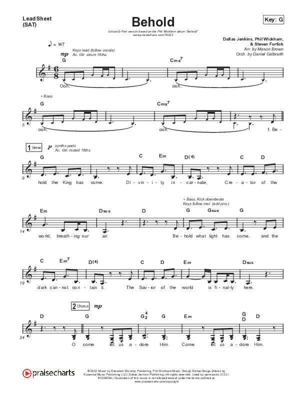 Behold (Unison/2-Part Choir) Lead Sheet (SAT) (Phil Wickham / Anne Wilson / Arr. Mason Brown)