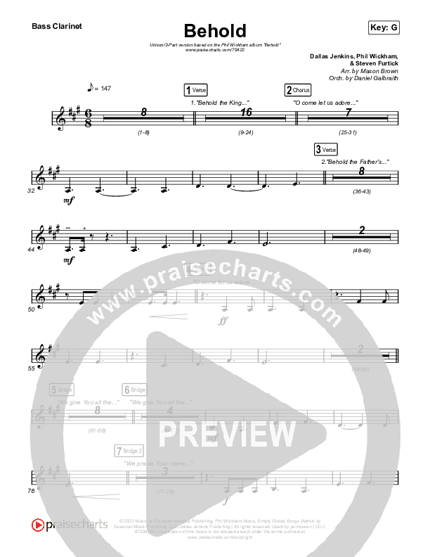 Behold (Unison/2-Part Choir) Bass Clarinet (Phil Wickham / Anne Wilson / Arr. Mason Brown)