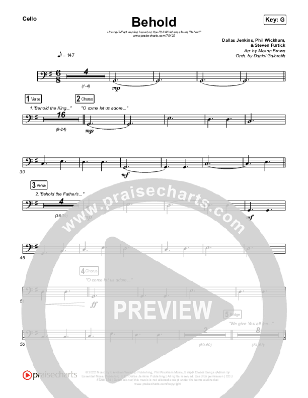 Behold (Unison/2-Part Choir) Cello (Phil Wickham / Anne Wilson / Arr. Mason Brown)