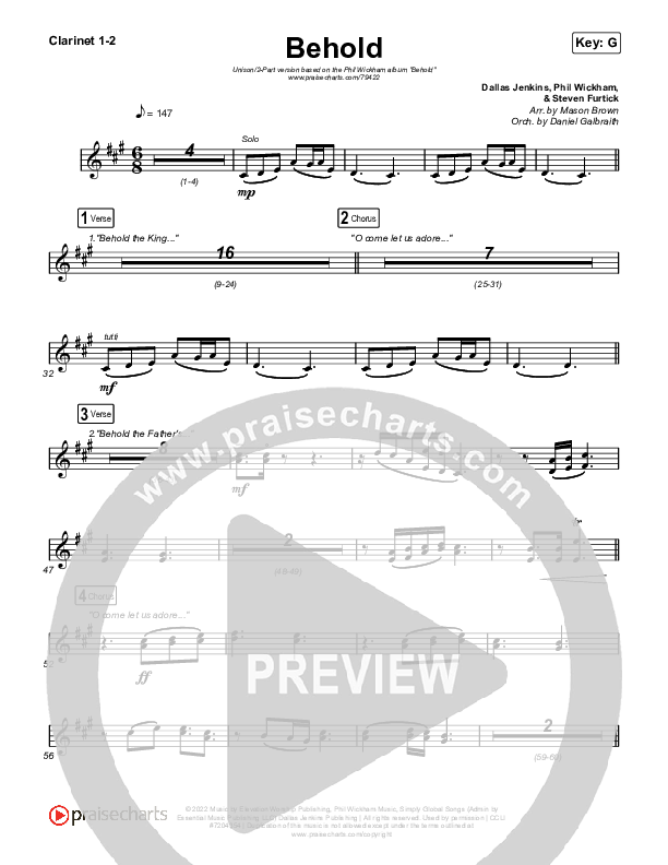 Behold (Unison/2-Part Choir) Clarinet 1/2 (Phil Wickham / Anne Wilson / Arr. Mason Brown)