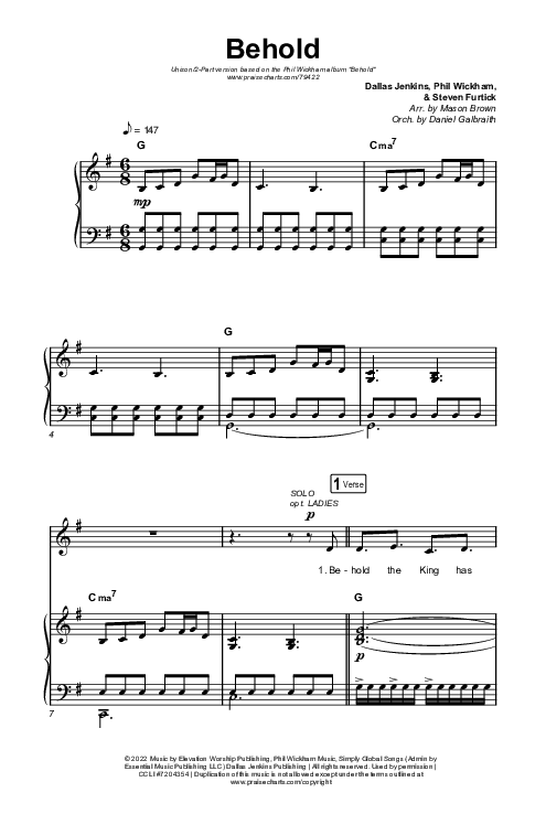 Behold (Unison/2-Part Choir) Octavo (Uni/2-Part & Pno) (Phil Wickham / Anne Wilson / Arr. Mason Brown)
