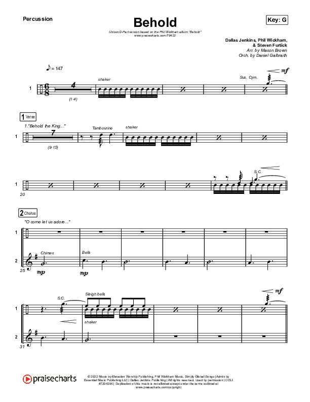 Behold (Unison/2-Part Choir) Percussion (Phil Wickham / Anne Wilson / Arr. Mason Brown)