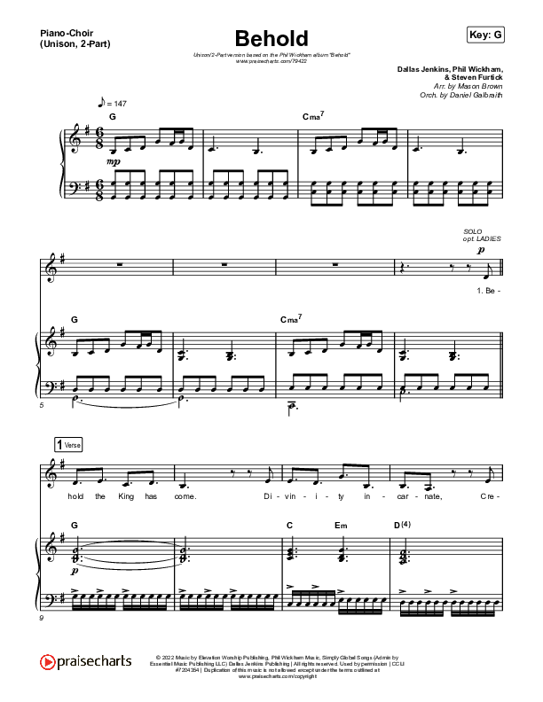 Behold (Unison/2-Part Choir) Piano/Choir  (Uni/2-Part) (Phil Wickham / Anne Wilson)
