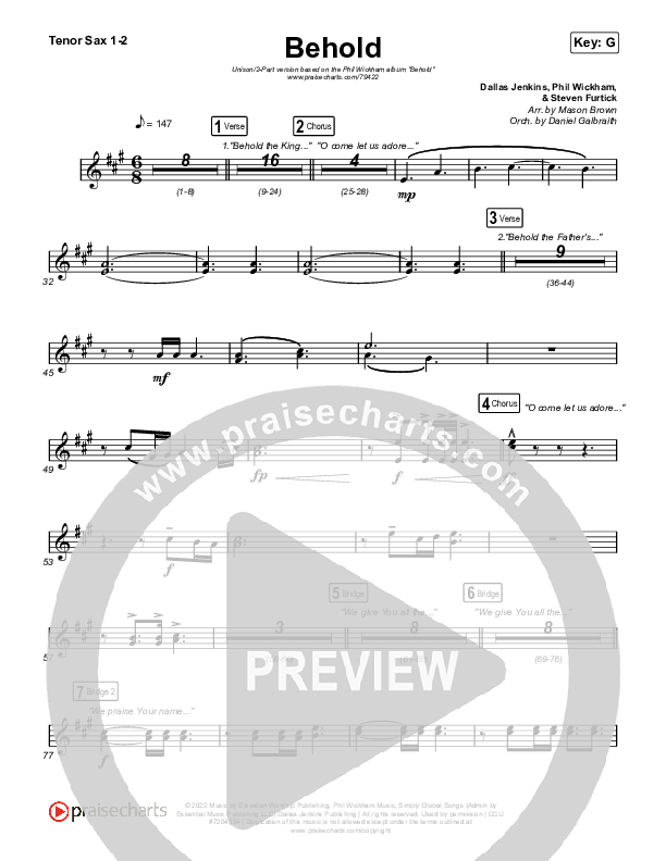 Behold (Unison/2-Part Choir) Tenor Sax 1/2 (Phil Wickham / Anne Wilson / Arr. Mason Brown)