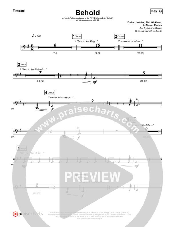 Behold (Unison/2-Part Choir) Timpani (Phil Wickham / Anne Wilson / Arr. Mason Brown)