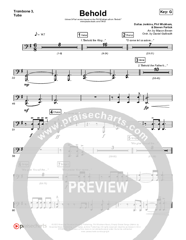 Behold (Unison/2-Part Choir) Trombone 3/Tuba (Phil Wickham / Anne Wilson / Arr. Mason Brown)