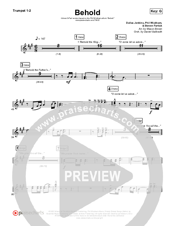 Behold (Unison/2-Part Choir) Trumpet 1,2 (Phil Wickham / Anne Wilson / Arr. Mason Brown)