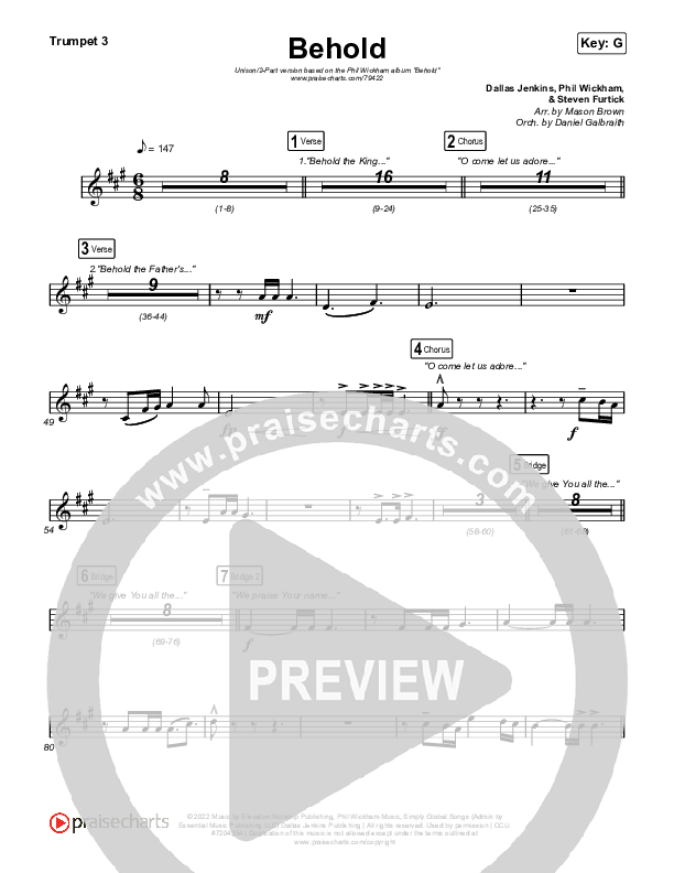 Behold (Unison/2-Part Choir) Trumpet 3 (Phil Wickham / Anne Wilson / Arr. Mason Brown)