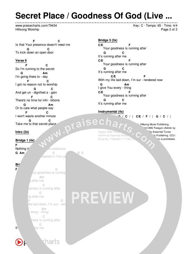 Secret Place / Goodness Of God (Live From Team Night) Chords & Lyrics (Hillsong Worship)