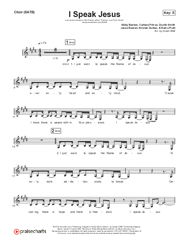 I Speak Jesus (Live) Choir Sheet (SATB) (Passion / Melodie Malone)
