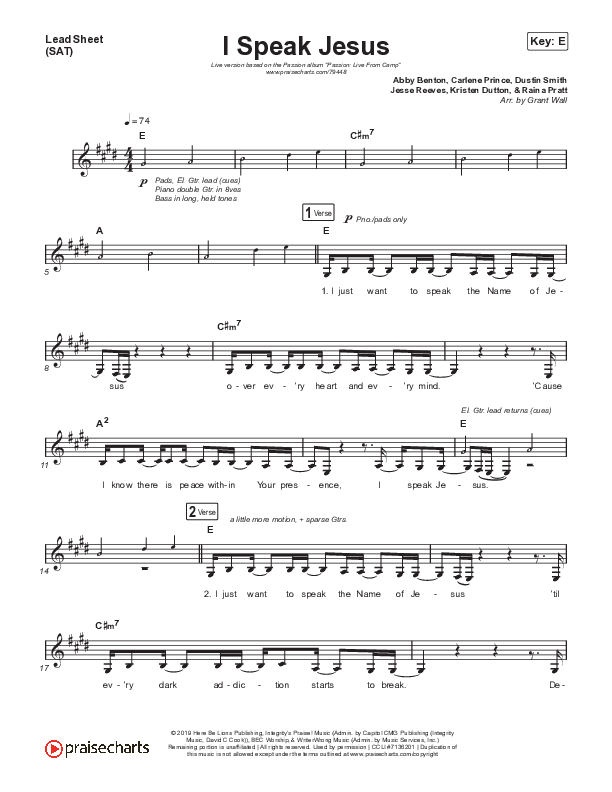 I Speak Jesus (Live) Lead Sheet (SAT) (Passion / Melodie Malone)