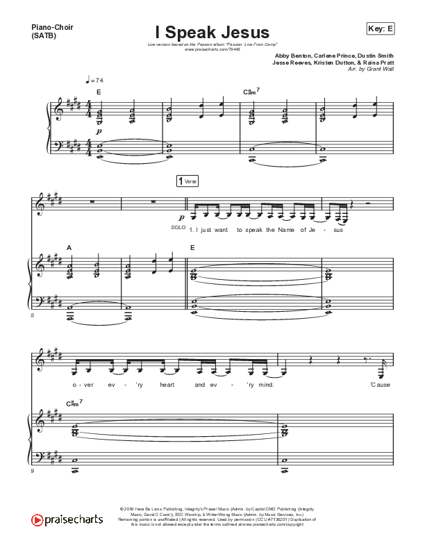 I Speak Jesus (Live) Piano/Vocal Pack (Passion / Melodie Malone)
