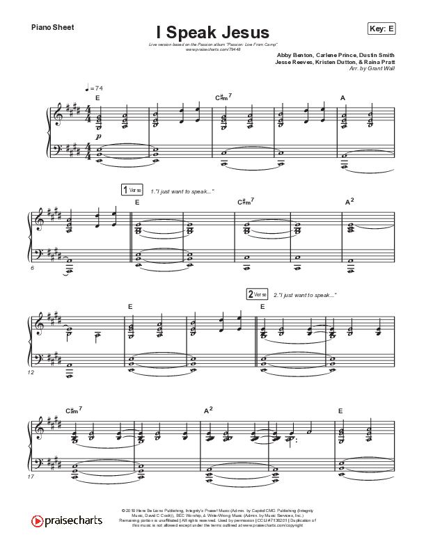 I Speak Jesus (Live) Piano Sheet (Passion / Melodie Malone)