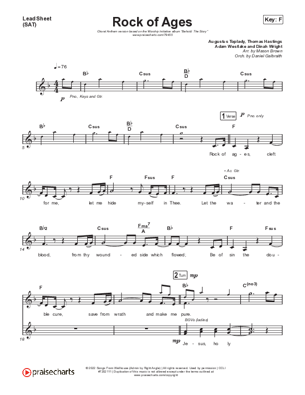 Rock Of Ages (Choral Anthem SATB) Lead Sheet (SAT) (The Worship Initiative / Dinah Wright / Grace Tanner / Arr. Mason Brown)
