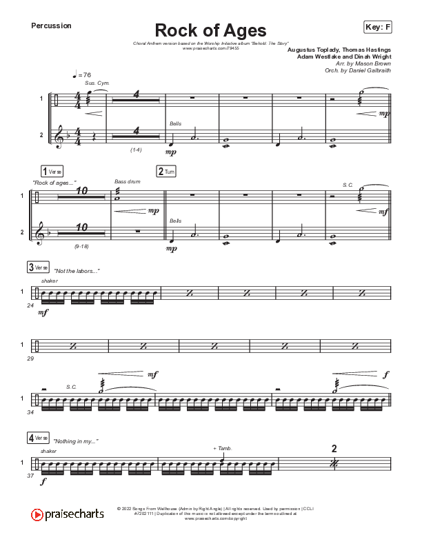 Rock Of Ages (Choral Anthem SATB) Percussion (The Worship Initiative / Dinah Wright / Grace Tanner / Arr. Mason Brown)