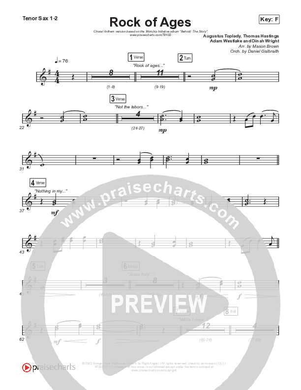 Rock Of Ages (Choral Anthem SATB) Tenor Sax 1,2 (The Worship Initiative / Dinah Wright / Grace Tanner / Arr. Mason Brown)