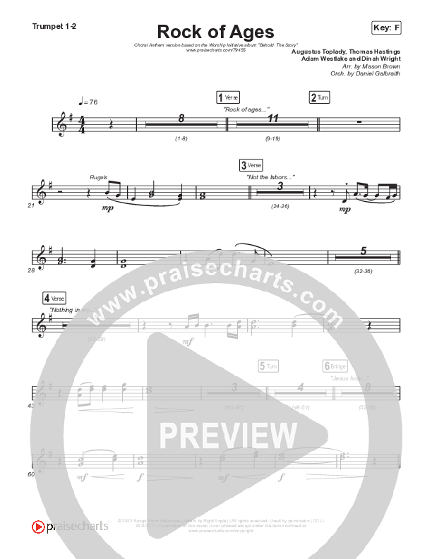 Rock Of Ages (Choral Anthem SATB) Trumpet 1,2 (The Worship Initiative / Dinah Wright / Grace Tanner / Arr. Mason Brown)