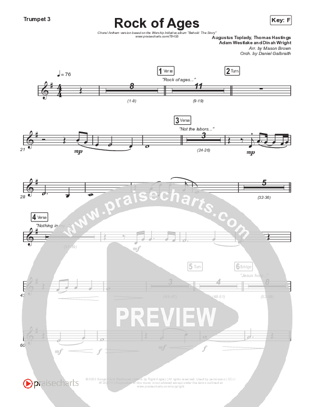 Rock Of Ages (Choral Anthem SATB) Trumpet 3 (The Worship Initiative / Dinah Wright / Grace Tanner / Arr. Mason Brown)