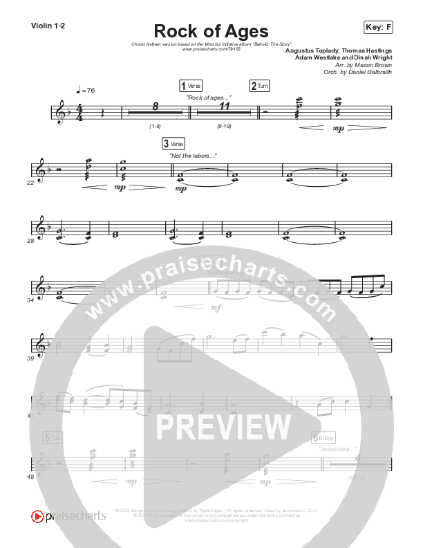 Rock Of Ages (Choral Anthem SATB) Violin 1,2 (The Worship Initiative / Dinah Wright / Grace Tanner / Arr. Mason Brown)