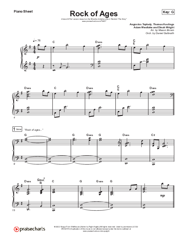 Rock Of Ages (Unison/2-Part Choir) Piano Sheet (The Worship Initiative / Dinah Wright / Grace Tanner / Arr. Mason Brown)