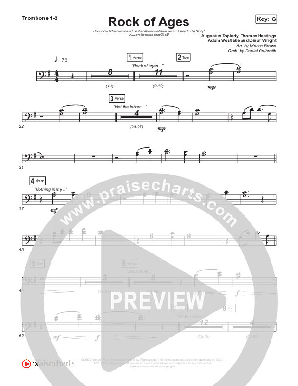 Rock Of Ages (Unison/2-Part Choir) Trombone 1/2 (The Worship Initiative / Dinah Wright / Grace Tanner / Arr. Mason Brown)