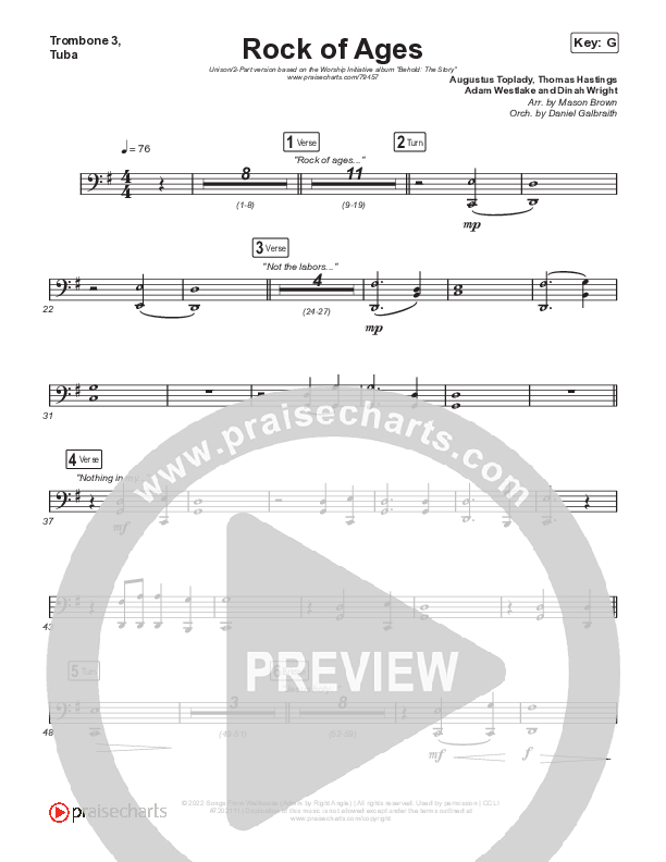 Rock Of Ages (Unison/2-Part Choir) Trombone 3/Tuba (The Worship Initiative / Dinah Wright / Grace Tanner / Arr. Mason Brown)
