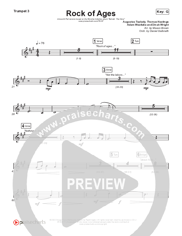 Rock Of Ages (Unison/2-Part Choir) Trumpet 3 (The Worship Initiative / Dinah Wright / Grace Tanner / Arr. Mason Brown)