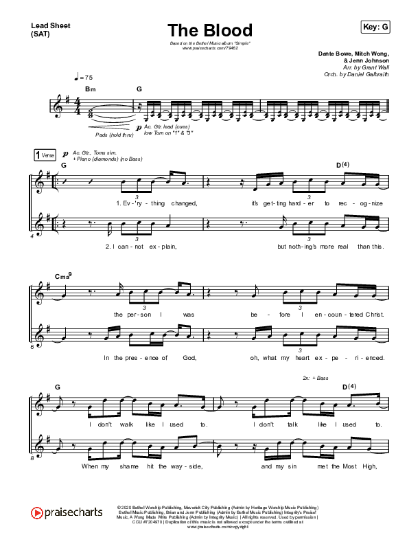 The Blood Lead Sheet (SAT) (Bethel Music / Jenn Johnson / Mitch Wong)