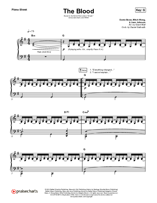 The Blood Piano Sheet (Bethel Music / Jenn Johnson / Mitch Wong)