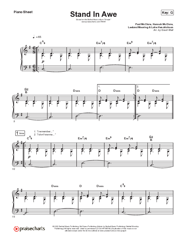 Stand In Awe Piano Sheet (Bethel Music / Hannah McClure / Paul McClure)