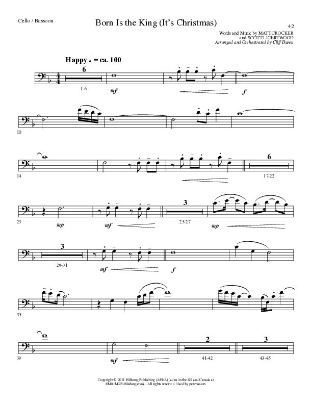Born Is The King (It's Christmas) (Choral Anthem SATB) Cello/Bass (Lillenas Choral / Arr. Cliff Duren)
