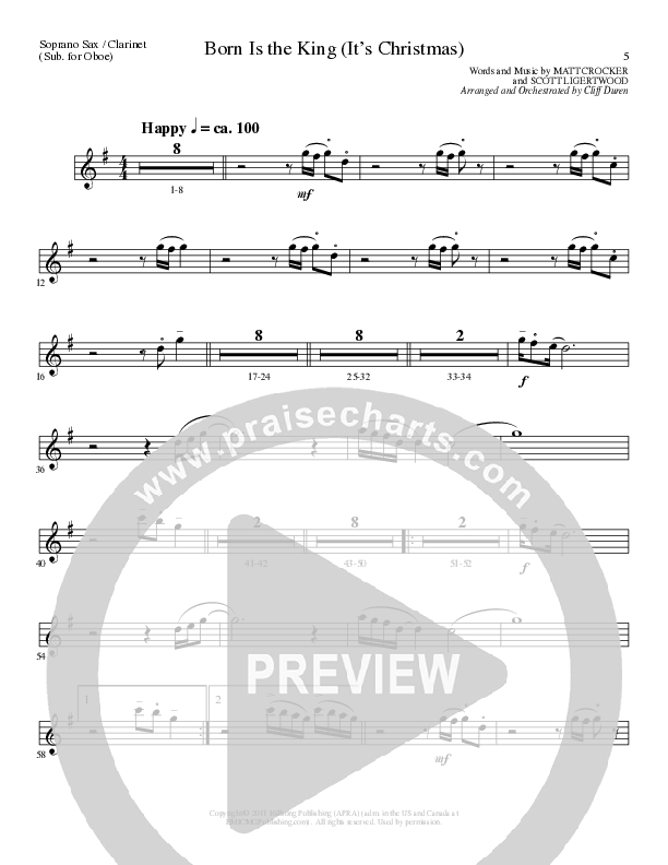 Born Is The King (It's Christmas) (Choral Anthem SATB) Soprano Sax (Lillenas Choral / Arr. Cliff Duren)