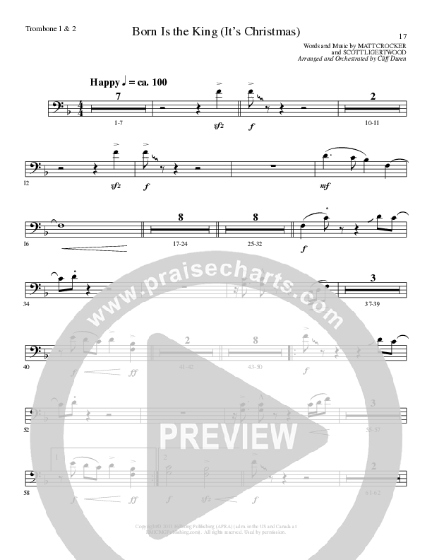 Born Is The King (It's Christmas) (Choral Anthem SATB) Trombone 1/2 (Lillenas Choral / Arr. Cliff Duren)