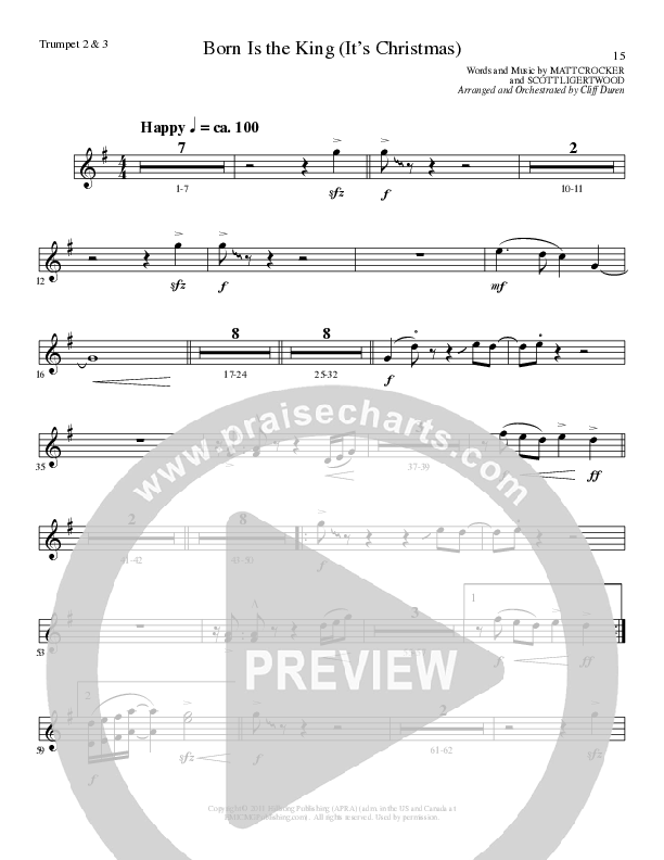 Born Is The King (It's Christmas) (Choral Anthem SATB) Trumpet 2/3 (Lillenas Choral / Arr. Cliff Duren)