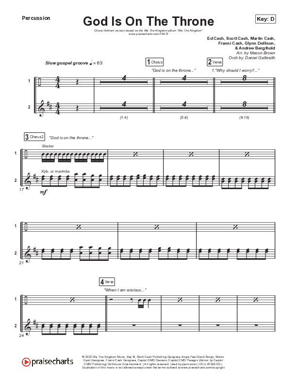 God Is On The Throne (Choral Anthem SATB) Percussion (We The Kingdom / Arr. Mason Brown)