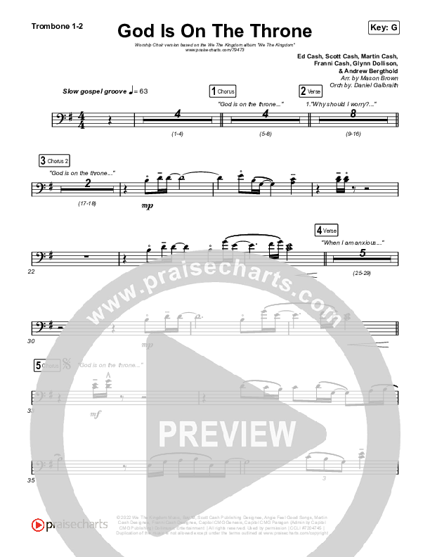 God Is On The Throne (Worship Choir SAB) Trombone 1/2 (We The Kingdom / Arr. Mason Brown)