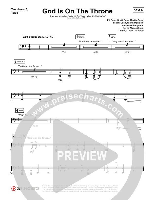 God Is On The Throne (Sing It Now SATB) Trombone 3/Tuba (We The Kingdom / Arr. Mason Brown)