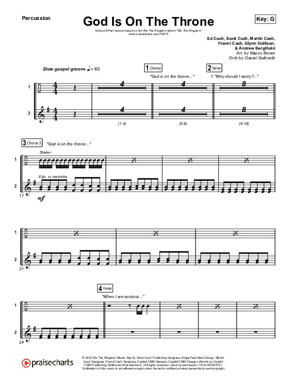 God Is On The Throne (Unison/2-Part Choir) Percussion (We The Kingdom / Arr. Mason Brown)