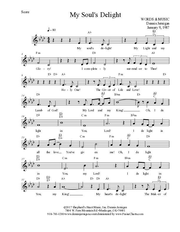 My Soul’s Delight Lead Sheet (Melody) (Dennis Jernigan)