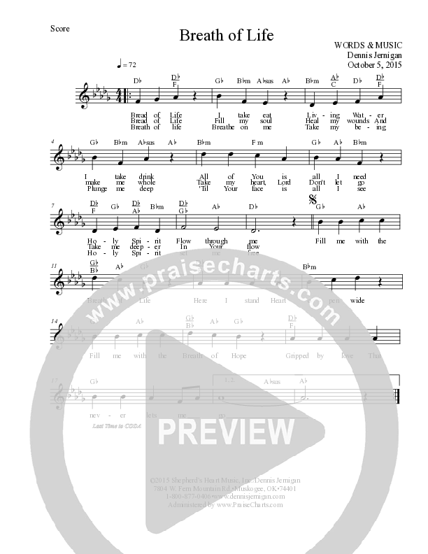 Breath Of Life Lead Sheet (Melody) (Dennis Jernigan)