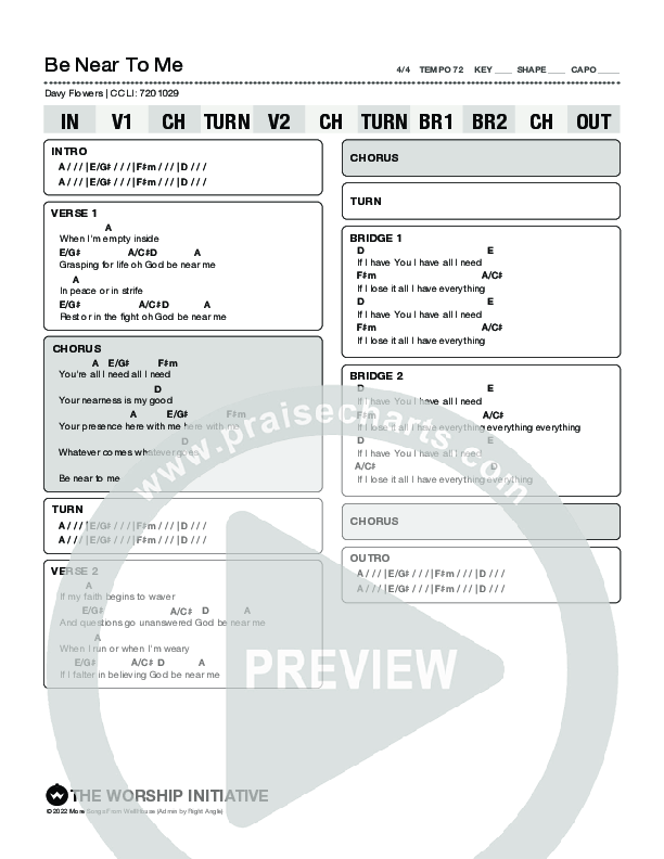 Be Near To Me Chord Chart (Davy Flowers)